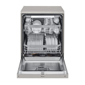 LG XD4B15PS QuadWash 60cm 15 Place Freestanding Dishwasher Platinum Steel, Front view, door open with cutleries