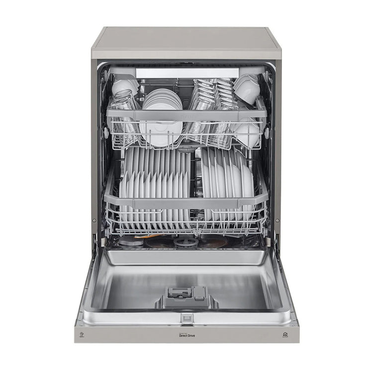 LG XD4B15PS QuadWash 60cm 15 Place Freestanding Dishwasher Platinum Steel, Front view, door open with cutleries